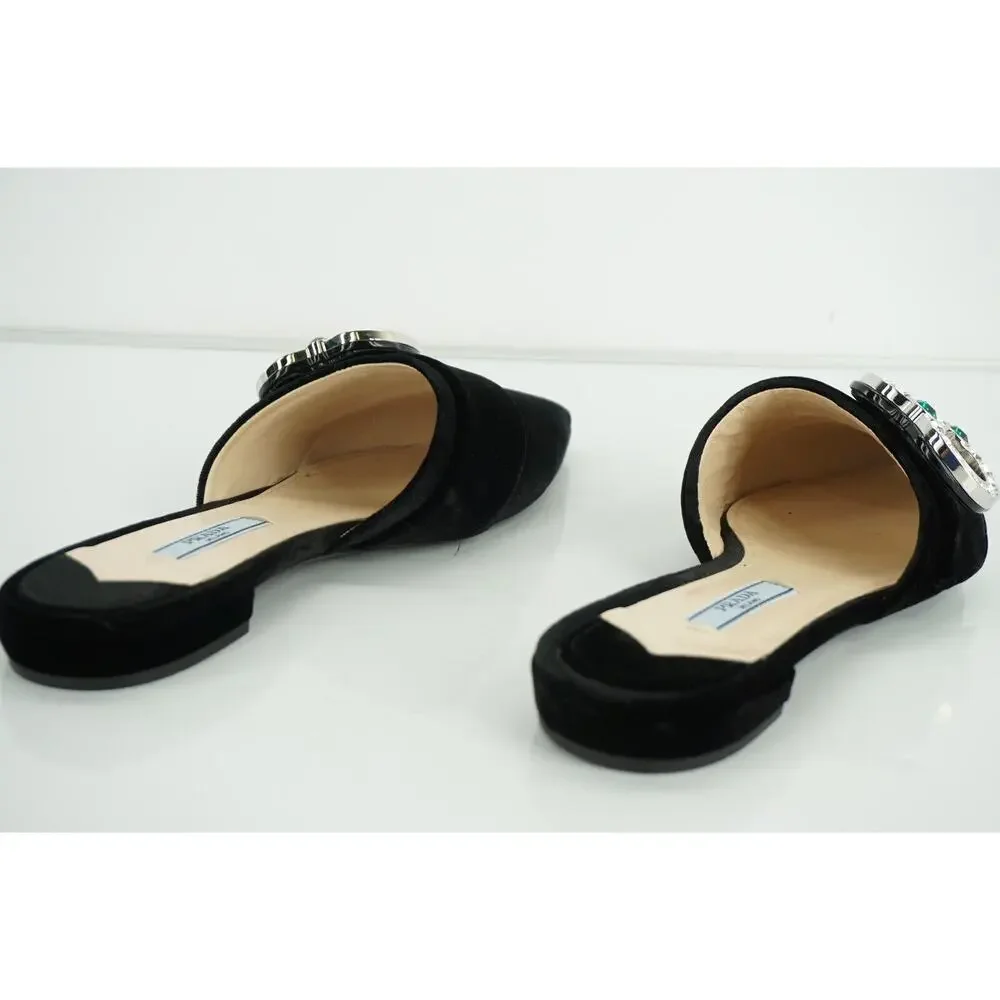 Prada Velvet Crystal Broach Pointy Mule Flat jewel broach
